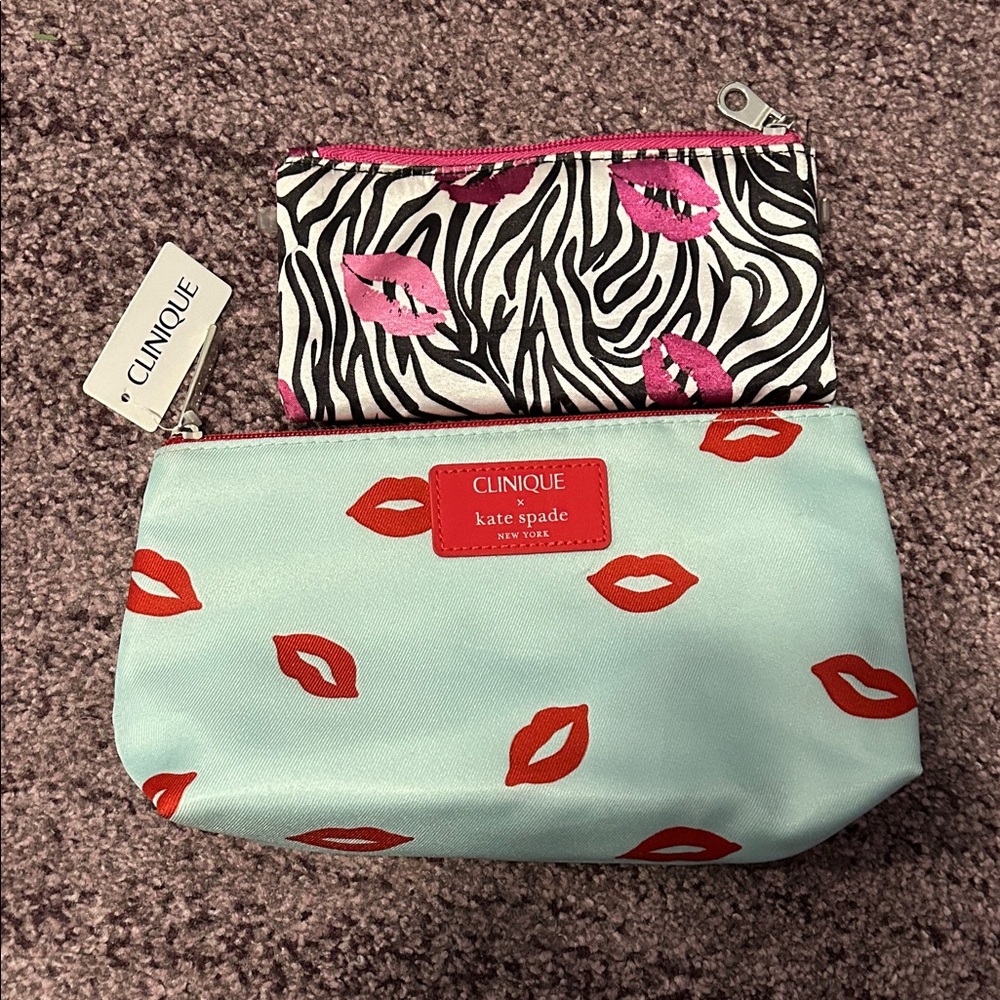 Kate Spade Clinique Lip Print Cosmetic Bag Set - Red and Pink
